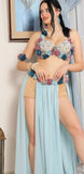 Belly dance suit made of chiffon with embroidery of artificial roses and pearls on the chest