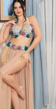 Belly dance suit made of chiffon with embroidery of artificial roses and pearls on the chest