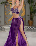 Two-piece dance suit made of chiffon with handmade embroidery of shiny beads