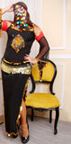 A belly dancing abaya made of Lycra with chiffon sleeves and embroidery of shiny metal rings