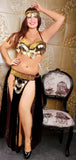 A belly dance suit made of Lycra with embroidery of shiny metal rings