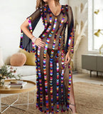 Belly dance abaya made of tulle with embroidery of shiny metal rings open from the sides