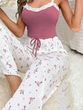 Two-piece pajamas made of ribbed cotton - with lace around the chest
