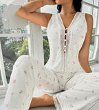 Two-piece pajamas made of ribbed cotton - with lace in the front and at the end of the pants