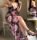 Chiffon lingerie with floral print - with an opening from the side - with shoulder straps