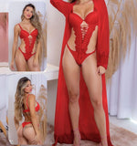 Lingerie two pieces consisting of a lace jumpsuit with open sides and back, with a lace in the front - and a long chiffon robe
