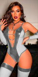 Leather jumpsuit with net on the sides - open in the front with metal chains