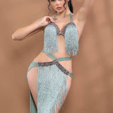 Lycra belly dance suit with shiny threads from the front
