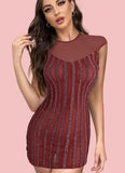 Lycra dress with bronze striped lengthwise - with a piece of chiffon at the chest and shoulders