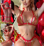 Two-piece lingerie made of satin threads with metal chains