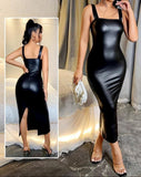Long leather dress with a slit at the back