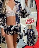 3-piece pajamas consisting of a lace top, shorts and a robe made of floral satin