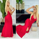 Long lycra dress with ruffles from the front with a slit - and an open back