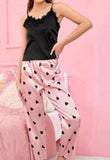 Two-piece satin pajama - with hearts printed on the pants - with lace from the chest