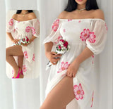 Off-the-shoulder floral chiffon dress - elastic from the chest