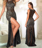 Long dress made of chiffon embroidered with shiny beads - with an opening in the front