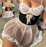 Chiffon lingerie with lace from the chest - open from the back - with ruffles from the tail
