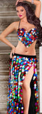 Two-piece belly dance suit embroidered with shiny rings