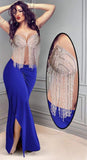 Two Pieces Belly Dance Suit - Made of Lycra with Shiny Beads Embroidery and Strings of Beads