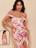 Lycra floral dress - off shoulder - with a front opening