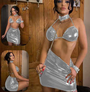 Two-piece leather lingerie with a metal chain around the neck