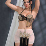 Two-piece dance suit made of lycra and chiffon, with embroidery of shiny beads and strings of sequins