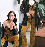 Three-piece pajamas made of dotted butter with a chiffon robe
