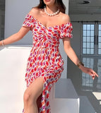 A house dress made of lycra cotton, open from one side, off shoulder