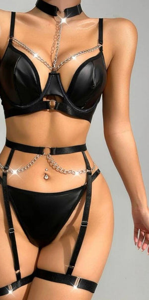 Lingerie made of leather with metal chains