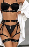 Two-piece lingerie made of lycra with a metal chain and ropes on the waist and leg