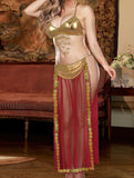 Belly dance suit, two pieces, made of leather and tulle, embroidered with metal rings