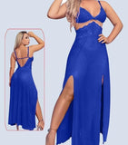 Long chiffon lingerie, open from the sides, with lace from the upper part, open back