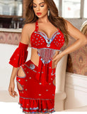Belly dance suit made of lycra with embroidery of shiny beads and shiny metal rings