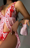Two-piece lingerie made of butter with hearts printed - with ruffles around the chest and an open front