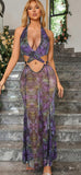 Long lingerie made of floral chiffon - with openings around the abdomen and waist
