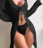 Lingerie, three pieces, consisting of bra and underwear, made of Lycra, with a knitted robe