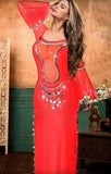Belly dance abaya made of lycra with tulle from the chest, with embroidery of shiny metal rings