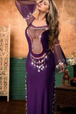 Belly dance abaya made of lycra with tulle from the chest, with embroidery of shiny metal rings