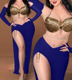 A two-piece belly dance suit made of lycra with handmade embroidery of shiny beads