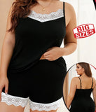 Two-piece pajama set made of buttery lycra with lace at the end of the shorts and around the chest