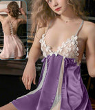 Lingerie made of satin with dotted chiffon on the sides and chest, with rose embroidery on the chest and back