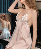 Lingerie made of satin with dotted chiffon on the sides and chest, with rose embroidery on the chest and back