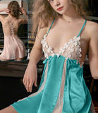 Lingerie made of satin with dotted chiffon on the sides and chest, with rose embroidery on the chest and back