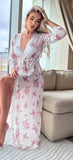 Long robe made of floral chiffon with lace edges