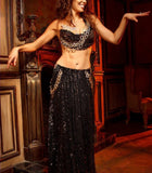Belly dance suit made of Lycra with hand-made embroidery of joubert and lace with metal chains.