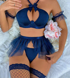 Two-piece lingerie made of Lycra with a tulle skirt and a long net sock