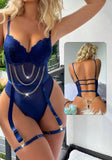 Jumpsuit made of Lycra with lace on the chest and metal chains on the stomach and back - open back