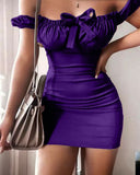 Short dress made of Lycra, ruffled at the chest - off-shoulder