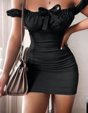 Short dress made of Lycra, ruffled at the chest - off-shoulder