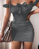 Short dress made of Lycra, ruffled at the chest - off-shoulder